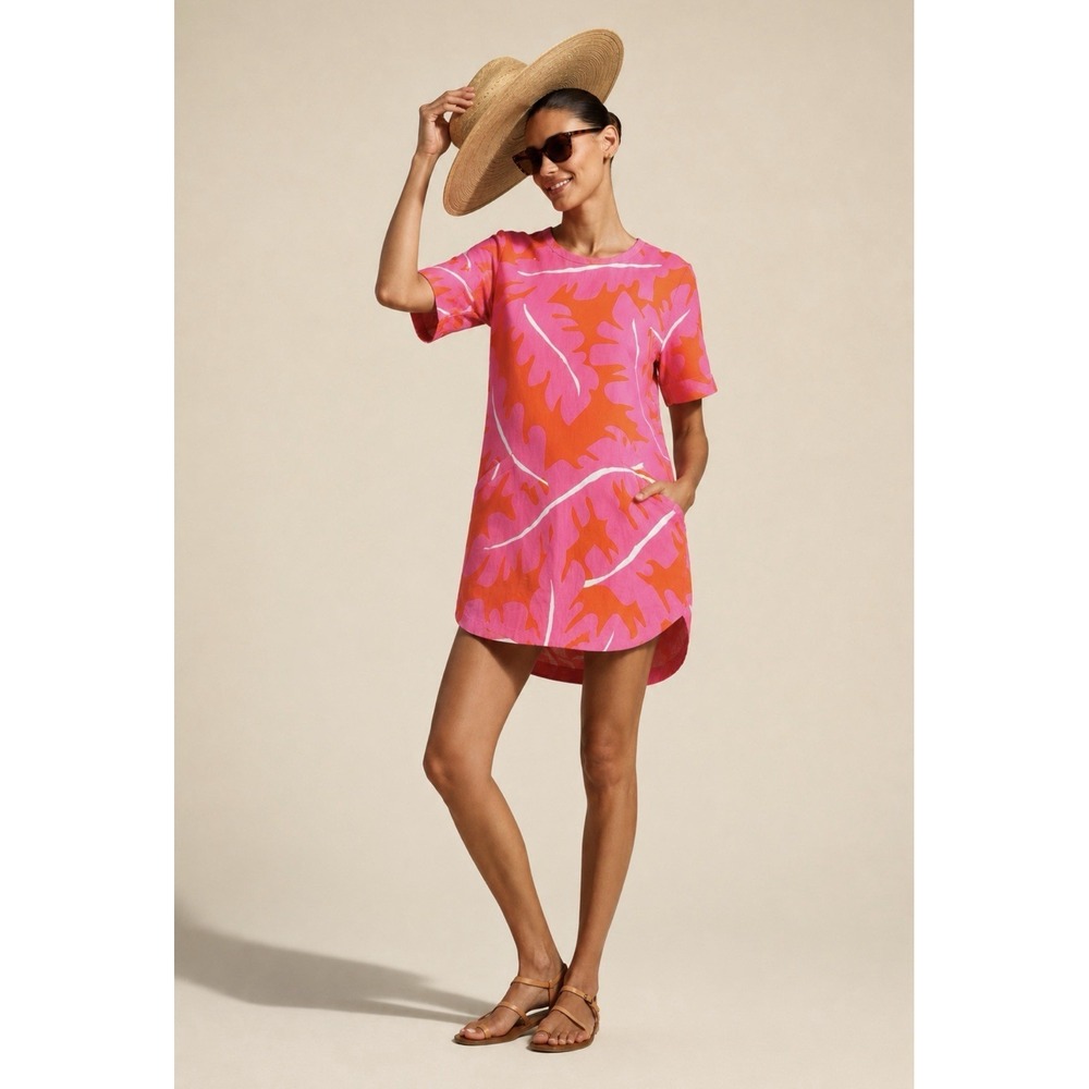 Trovata Birds of Paradis Pink Linen Mini Shift Dress XS Leaf Print Pockets $378